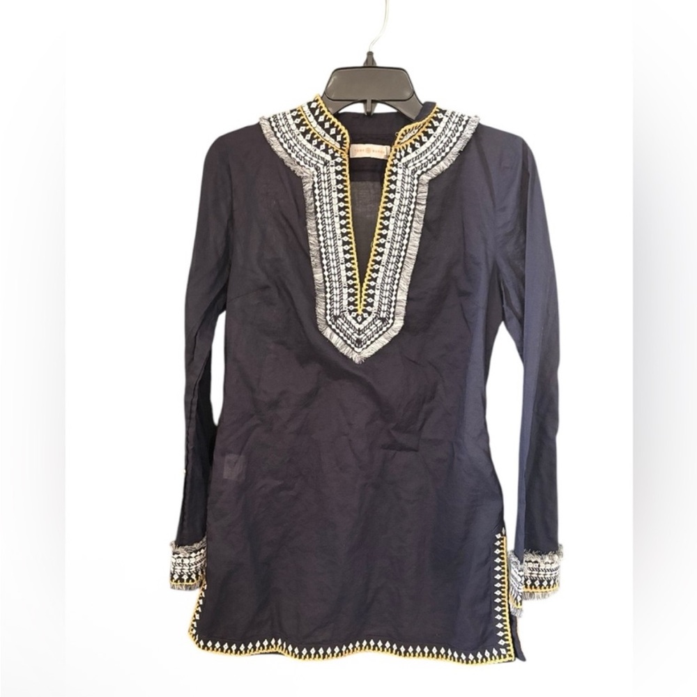 Tory Burch Navy Top with Gold and White Embroidery, size 6 - Picture 6 of 6